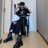 Yipinpay New Spring Autumn Women Skirt Fashion Korean style Black Long Skirts with chain side slit Hip hop streetwear plus size