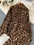 Yipinpay Leopard Vinage Casual Autumn Suits Loose Folds Lapel Blouse Tops+Wide Leg Long Pants Streetwear Women Two Pieces Suits
