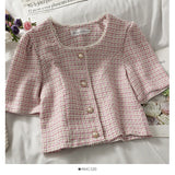 Yipinpay Round Short Sleeve Tweed Top Women Single-breasted Cardigan Jacket Pink Plaid Shirts Crop Button Blusas Mujer Camisas