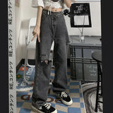 Yipinpay And Winter Women Bottoms Black Vintage Fashion High Waist Jeans Ripped Baggy Wide Leg Pants Street Straight Denim Trouser