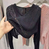 Yipinpay Summer New Short Hooded Hollow Knitwear Women's Thin Long sleeved Loose Top Sunscreen Cover