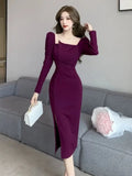 Yipinpay French Style Elegant Dresses Women Sexy Long Sleeve Slash Neck Slim Solid Vintage Dress Ladies Sexy Split Autumn Fashion
