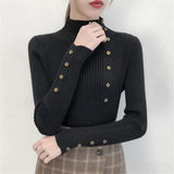 Yipinpay Women Autumn Knitted Slim Sweaters Solid Knitted Female Cotton Soft Elastic Color Pullovers Button Full Sleeve Turtleneck