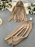 Yipinpay Winter Women Warm Knitted Suits Loose Drawstring Hooded Pullover+ Wide Legs Long Pants Fashion Sports Two Piece Sets