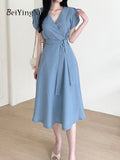 yipinpay Chic Elegant Dresses for Women Lace-up Korean Fashion V-neck High Waist Midi Dress Ladies Casual Short Sleeve Vestidos