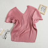 Yipinpay V-neck Minimalist T-shirts Bat Sleeve Pleated Spring Summer New Korean Solid Fashion Short Sleeve Top Casual Blouse Shirts