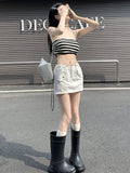 Yipinpay Cargo Skirt Short Women Summer Y2k Harajuku Drawstring Pocket Vintage High Waist Slim Mini Skirt Korean Style Streetwear