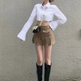 Yipinpay Irregular Cropped Shirt Top Women Sexy Korean Streetwear Blouses Casual Lapel Pocket Patchwork Long Sleeve White Shirt