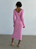 Yipinpay Spring Sexy Sweater Dress Casual 2023 V-Neck Elegant Knitted Women Dress Long Sleeve Bodycon Midi Dress Office Lady