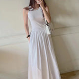 Yipinpay De Mujer Black O Neck Pleated Large Swing Sleeveless Dress Women Midi Fake Two Piece White Vest Dress Tank Casual