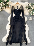 Yipinpay 2024 Summer Mesh Split Sexy Dress Ladies Squre Neck Sheer Long Sleeves Transparent Ruched Slim Long Party Dress