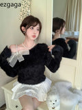 Yipinpay Knitted Crop Tops Women Vintage Bow Slash Neck Off Shoulder Sweater Vintage Ins Fashion Female Sexy Pullover Sweet
