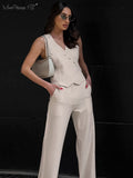 Yipinpay Office 2 Pieces Button Cotton Pants Suits Blazers Vest Wide Leg Trousers Women Linen Outfits Summer Pants Two Pieces