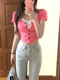 Yipinpay Sweet Slim Blouse Women 2024 Summer Short Sleeve Bodycon Y2k Crop Tops Basic Korean Style Fashion Fake Two T Shirt Casual