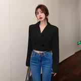 Yipinpay Cropped Blazer Women Vintage Spring Slim Notched Tops Long Sleeve Double-breasted Shirt Black White Jacket Coat