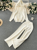 Yipinpay Winter Women Warm Knitted Suits Loose Drawstring Hooded Pullover+ Wide Legs Long Pants Fashion Sports Two Piece Sets