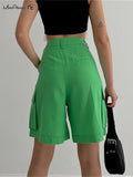 Yipinpay High Waisted Cargo Shorts Women Double Pocket Pleated 2023 Summer Casual Shorts Solid Straight Lady Pink Wide Shorts