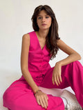 Yipinpay Pink Elegant Blazer 2 Pieces Sets High Waist Wide Leg Pants Suits Button Vest Outfit Office Ladies Women Summer 2023
