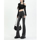 yipinpay High Waist Women Stretchy Pencil Jeans American Vintage Streetwear Denim Trouser Straight Summer Mom Denim Flare Pants