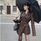 Yipinpay Sweet Hot Girl Versatile Leather Coat Women's Winter Long Sleeve Casual PU Leather Lace-up Trench Jacket Female Clothes