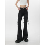yipinpay Women's Dark Grey Vintage Flare Jeans High Waist Stretchy Self Cultivation Pants Fashion Straight Denim Trouser Ladies Summer