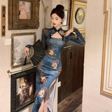 Yipinpay Vintage Dresses Women Sexy Floral Printed Hollow Out Slim Long Sleeve Stand Collar Split Elegant Dress Ladies Temperament