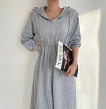Yipinpay Hooded Zip Sweatshirt Dress Long Casual Cloth 2023 Dress for Women Wild Black Grey High Waist Swing Maxi Sweater Vestidos