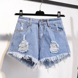 Yipinpay Size Denim With Ruffled Shorts Women's Summer High Waisted Loose Hole Wide Leg Student A-line Hot Pants Basic Short Jeans