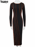 yipinpay O Neck Sexy Women Long Ribber Knitted Bodycon Striped Dress Y2K Fashion Orange Maxi Wrap Party Club Dress 2023 Autumn