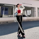 yipinpay Womans Cargo Jeans Pants High Waist Vintage Straight Trouser America Streetwear Stripe Denim Drawstring Cargo Sweat Pants