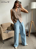 Yipinpay Elegant Gray Pants Sets Womens 2 Pieces Fashion V-Neck Office Lady Slim Tops Summer Brown Pleated Long Pants Suits