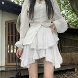 Yipinpay Irregular Ruffle Mini Skirt Women Fairycore Lace Patchwork High Waist 2-layers Boho White Short Skirt Mori Girl Summer