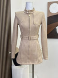 Yipinpay Mid-length Stand-up Collar Slim Jacket Elegant Deerskin Velvet Belt Waisted Long-sleeved Women's Trench Coat Jacket New