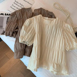 Yipinpay Back Zipper Crop Tops 3D Plaid Shirt Graphic T Shirts Y2k Puff Short Sleeve Tshirt Grunge Aesthetic Oversized T-shirt