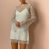 Yipinpay See Though Sequin Mesh Sling Dress For Women 2024 Spring Two-in-one Gauze Mini Dress Female Vacation Party Short Dresses