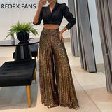 Yipinpay Women Fashion Solid Sequins High Waisit Zipper Wide Leg Full Length Club Pants