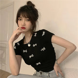 Yipinpay Sexy Crop Tops Bow Beaded Tshirt Women White Short Sleeve T-shirts Cotton Korean Y2k Clothes Graphic Tee Spring Summer