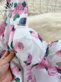 Yipinpay Beach Vacation Floral Print Dress Women Backless Lace Up Cross Bandage Ruched Korean Hotsweet Fashion Party Long Dress