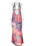 Yipinpay MO 2023 Summer Elegant Tie Dye Floral Chiffon See Through Maxi Dress Sexy Women Backless Lace Bodycon Beach Party Robe