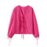 Yipinpay Cotton Linen Lace Up Blouse Women's V-neck Long Sleeve Loose Shirts Female Blouses 2024 Summer Fashion Lady Street Chic Tops