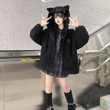 Yipinpay New Cute Soft Girl Cat Ears Hoodies Sweatshirt Women Thicken Loose Mid Length Top Embroidery Hooded Lamb like Coat Women