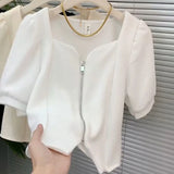 Yipinpay Mujer De Moda Square Crop Top 2023 Shirts for Women Zipper Blouse Chemise Femme Short Sleeve Casual Black White New