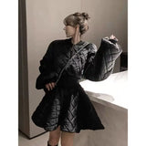 Yipinpay Cotton-padded Puff Sleeve Black Parkas Autumn Winter Clothes Crop Jacket Top Mini Pleated Skirt Female Coat Skirts Sets