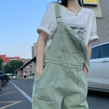Yipinpay Green Denim Overalls Pant for Women Y2k Streetwear Baggy Pocket Jeans Straight Bib Denim Rompers Trousers Korean Ladies