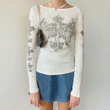 Yipinpay Women Vintage Y2K Grunge T-shirt Long Sleeve O Neck Gothic Cross Angel Wings Printed Retro Rhinestone Slim Fit Tops