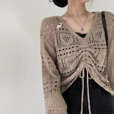 Yipinpay Women Spring College Cropped Lace Up Chic Khaki Pure Hollow Out Knitwear All-match Trendy Mujer Simple Aesthetic White