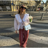 Yipinpay Floral Printing Peter Pan Doll Collar Shirts For Women 2024 Summer Long Sleeve Lace Up Blouse Female Street Lady Chic Tops