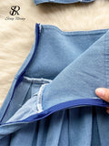 Yipinpay Female Chic Retro Suits Strap Button Elasticity Short Tank+Pleated Mini Skirt Fashion Hotsweet Denim Two Pieces Set