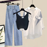 Yipinpay Spring/Summer New Matching Set Women's Casual Stripe Sunscreen Shirt+Vest+Jeans Three Piece Korean Elegant Denim Pants Set