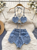 Yipinpay American Hotsweet Sets Halter Sleeveless Backless Love Tops+High Waist Button Basics Shorts Fashion Sexy Denim Suits